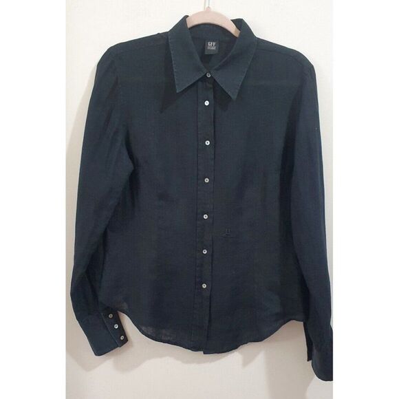 Gianfranco Ferre Vintage Black Shirt, 100% lino Long Sleeves Button Blouse - Picture 2 of 15